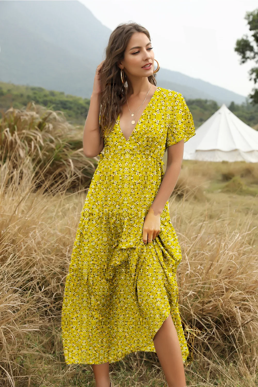 Ready to Ship New Style Short Sleeve V Neck Polyester Chiffon Printed Floral Maxi Dress 2021 Women Clothing