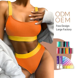 2021 Women's Highwaisted Bikini Orange Rubber Band Swimsuit Plunge Neck More Coverage Bottom Patchwork Pattern Spandex/Nylon