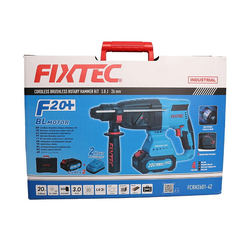 FIXTEC 20V Brushless Rotary Hammer 3.0J Impact Energy 2x4.0Ah Battery SDS Plus Cordless Drill Kit