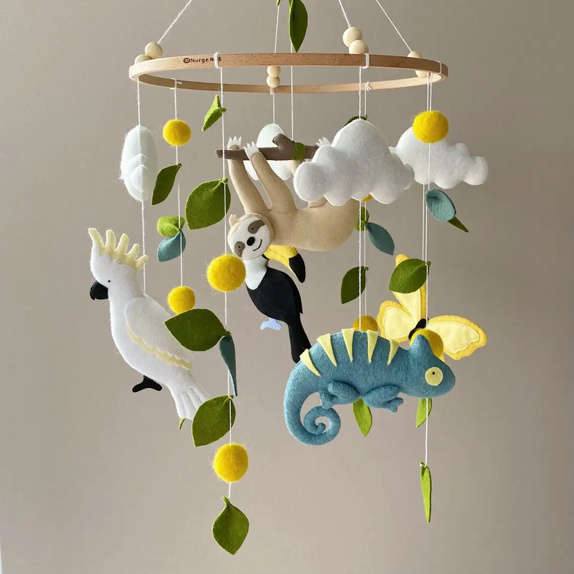 Baby Toys Safari Stuffed and Plush Animal Chameleon Sloth Handmade Crochet Wood Musical Felt Baby Crib Mobiles for Baby Girl Boy