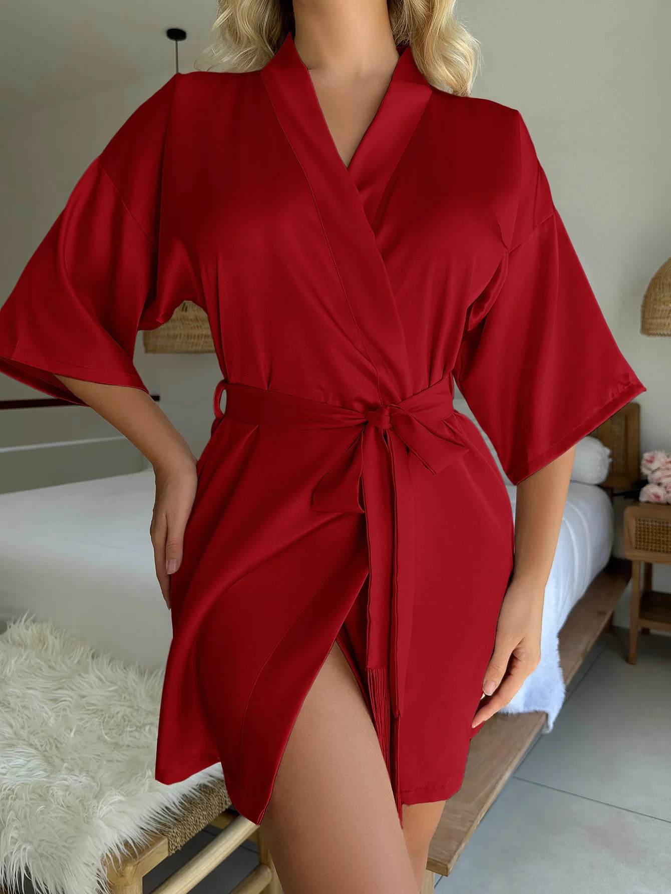 European American Style Summer Bathrobe for Women Elastic Waist Satin Nightgown Tassels Short Cardigan Front Sexy Half Sleeves