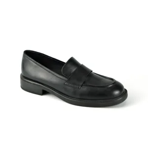 Women's Black Action Leather Loafers-Soft Solid Slip-On Low Block Heel Casual Office Shoes