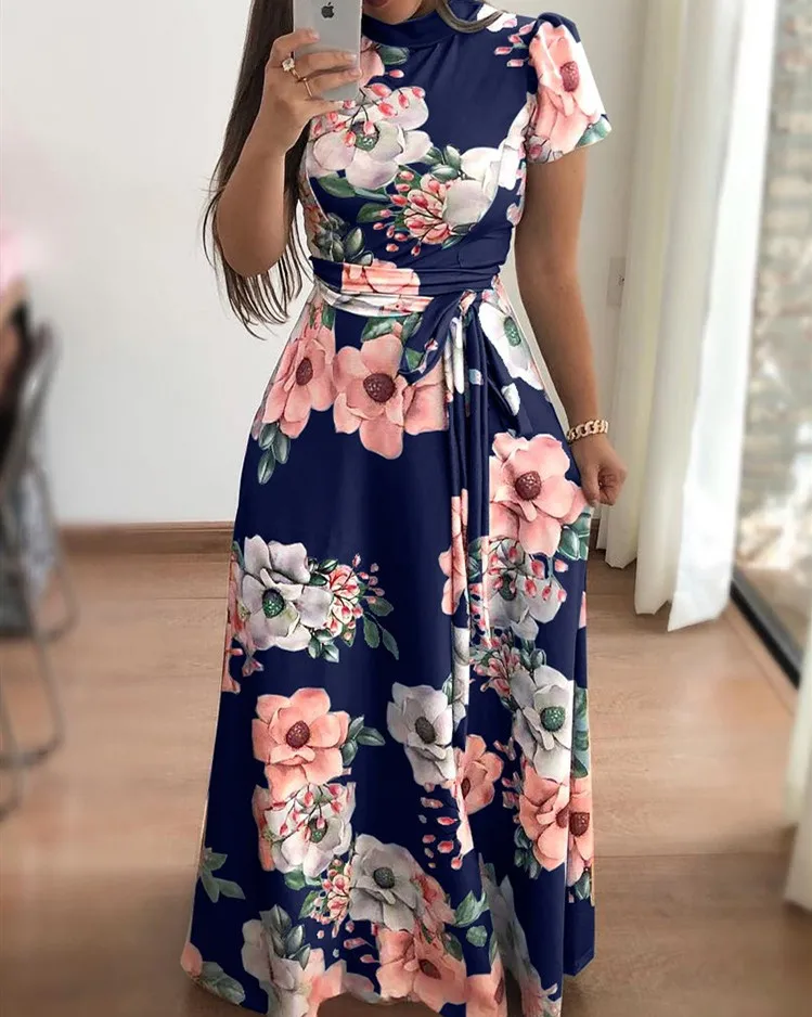 Women Summer Casual Long Dress Boho Floral Print Maxi Dress Turtleneck ...
