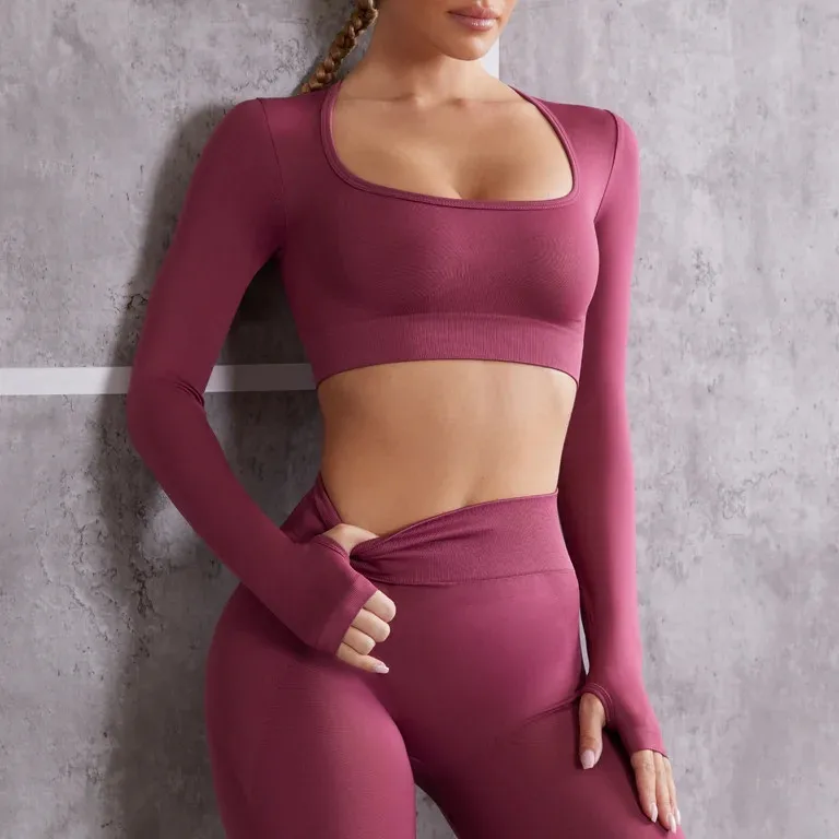 Lcool Custom Active Wear Gym Fitness Sets Seamless High Waist 2 Pieces Set Longsleeves Workout