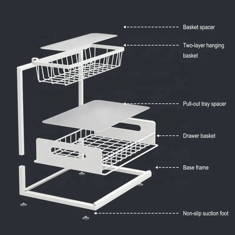 Modern Under Sink Organizer 2 Tier Sliding Drawer Storage Holders Rust Proof Metal Frame for Kitchen Cabinet