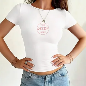 Custom Logo Women Polyester Spandex Crew Neck Slim Short Sleeve T-shirt Cropped and Slim T-Shirts Solid Colors Summer Crop Tops