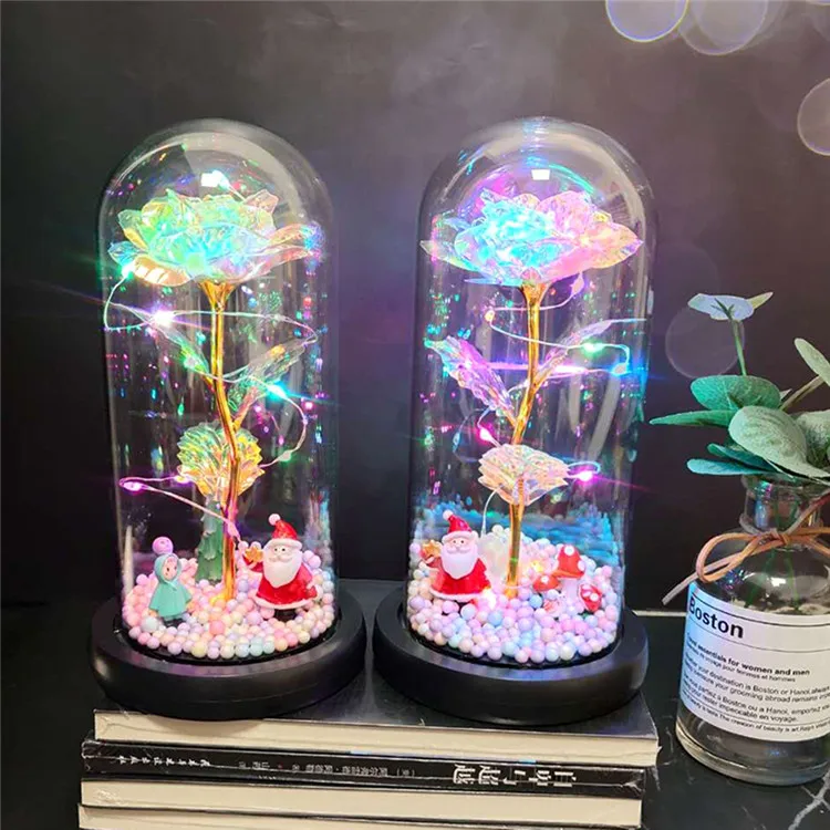 New Style Christmas Tree Toy Gold Rose Flower Doll Glass Cover Decoration Led Light Gift With Package