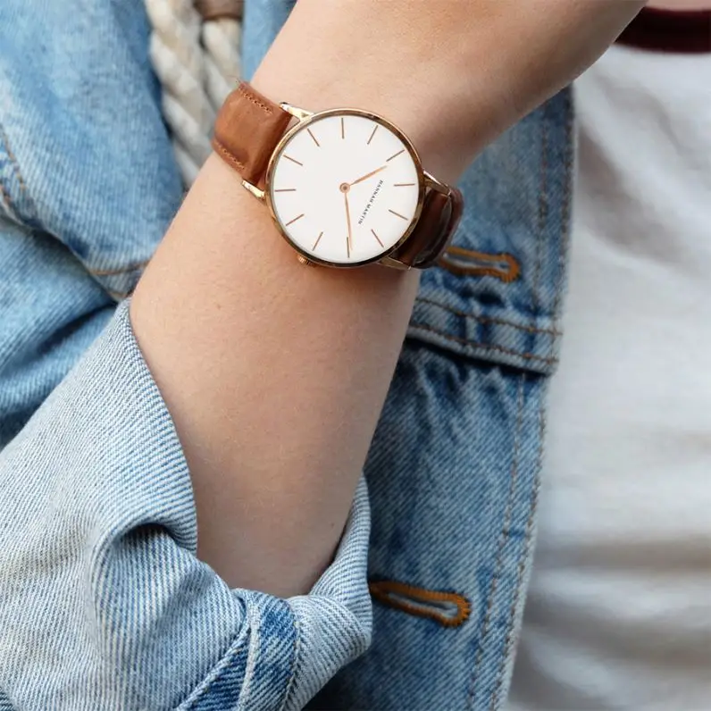 Hannah martin CH02 Stylish Brown Man Timepiece Vive PU Leather Band  Waterproof Analog Display Simple Business Hand Watch