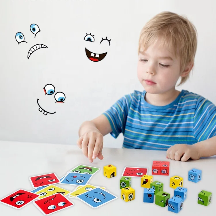 Face Expressions Matching Block Puzzles Building Cubes Toy Borad Games Puzzle Cute Montessori Educational Cube Toys for Kids
