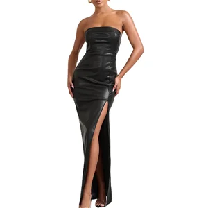 PU Leather Off-Shoulder Split Evening Dress for Ladies Sexy Elegant with Draped Decoration Washable Eco-Friendly Solid Pattern