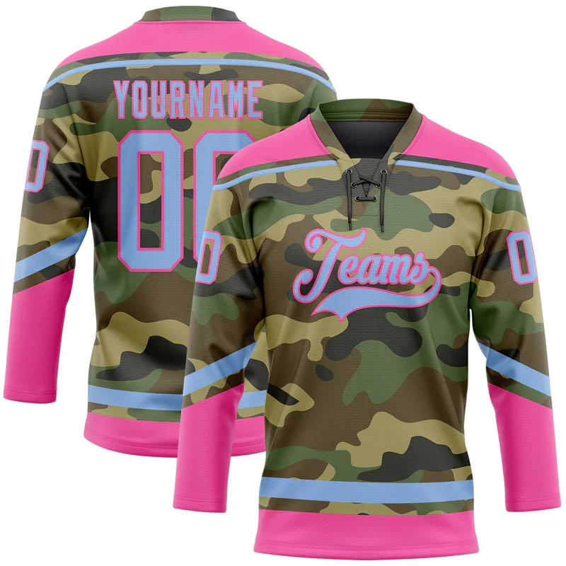 Free Design Team Logo Sewing Pattern Youth Training Ice Hockey Wear Purple Pink Camo Hockey Jersey