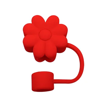 Pop Red Cute Silicone Flowers Straw Toppers Food Grade 10mm 0.4in Reusable Tumbler Party Accessories Tips Cap Straw Cover Cap