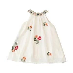 Wholesale Princess Dress and Skirt for Girls Kids Clothing with Neck Flower Embroidery Cotton Striped Pattern ODM Supply