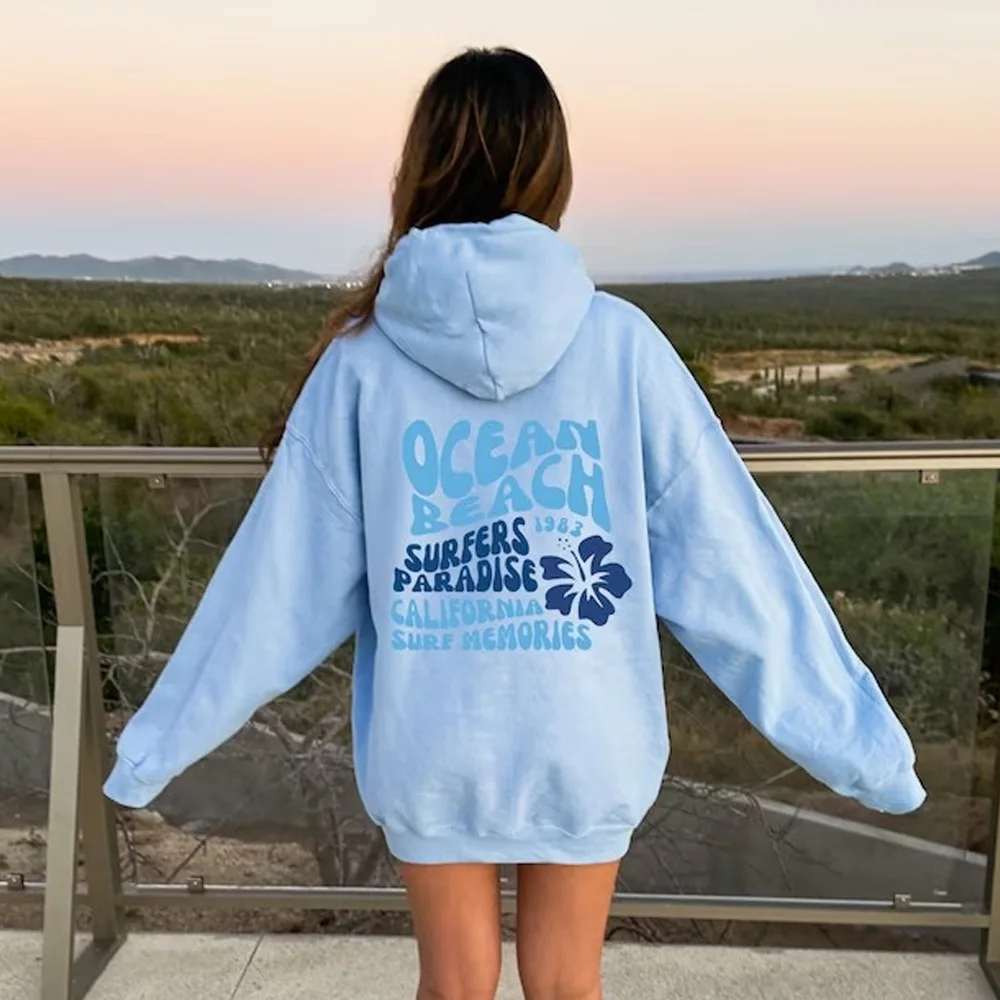 White Oversized Hoodie With Blue Ocean Graphic Women's Casual ...