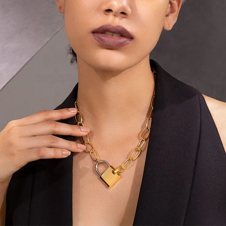Big Lock Link Chain Choker Necklace Women Gold Color Stainless Steel  Pendant Necklaces P193040