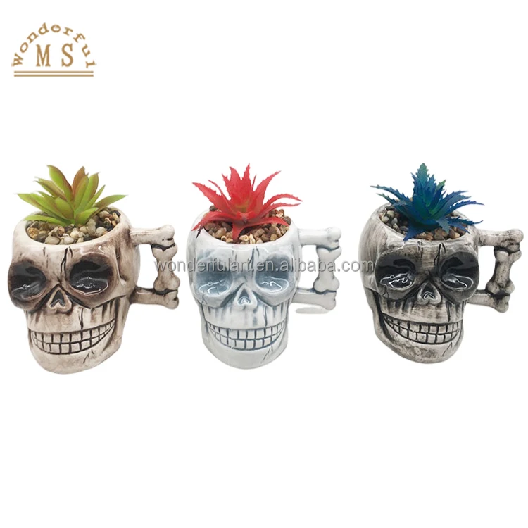 Oem customized ceramic resin skull skeleton ghost succulent flower pot vase souvenir gifts home decor garden ornament