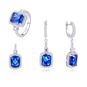 Rhodium 925 Silver Faceted Blue Glass Set Square Cut Ring Pendant Earrings Trio Deep Cobalt Jewelry Suite Hypoallergenic Gift