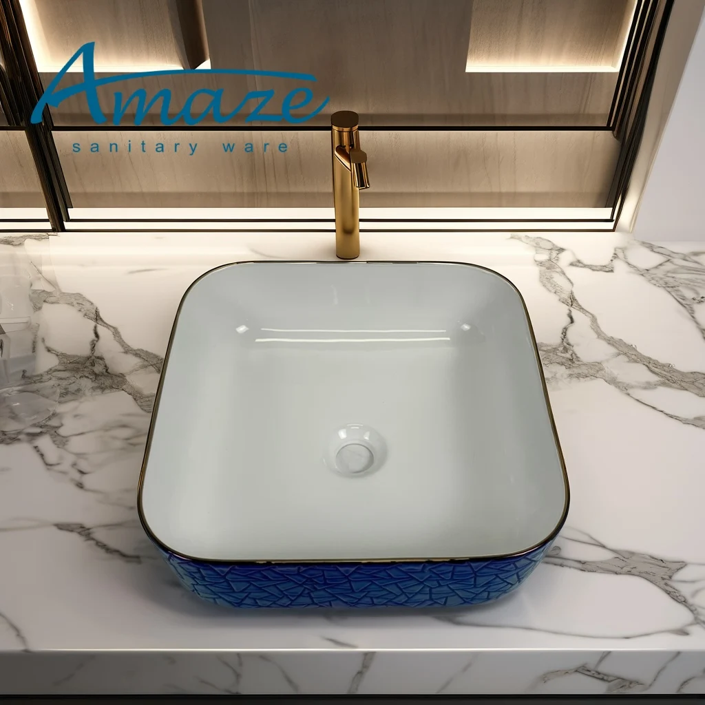 Color ceramic art basin Blue electroplate pattern home&hotel bathroom wash basin counter top basin factory