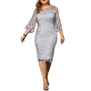 Plus Size Women's Casual Midi Dresses Large Size Woman Dress 4Xl 5Xl 6Xl Long Sleeve Mesh Hollow Lace Patchwork Autumn Dress