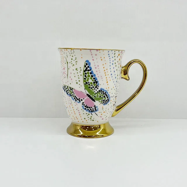 Customized Gold butterfly Decal Applied Ceramic Coffee Mug