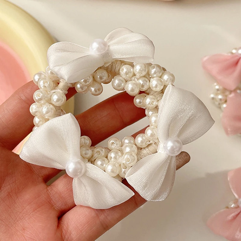 White Pearl-Embelished Organza Scrunchie DesignB London pearl embellished organza hair scrunchie in  main image 4