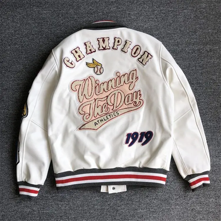 high quality towel embroidery unisex varsity jacket with ing outdoor leather coat without hood_voghion.com