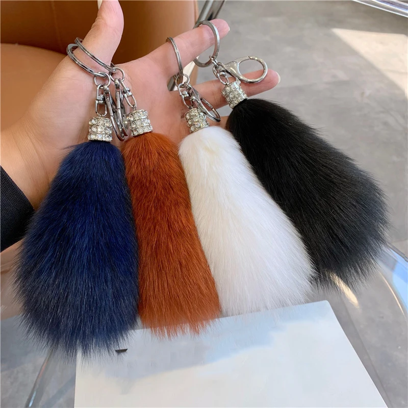 Rhinestone Fox Tail Pendant Car Plush Keychain Cute Fox Fur
