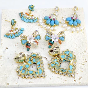 Ilona Vintage Turquoise Stud Earrings for Women Handmade Bohemian Fashion Dangle Heart-shaped Butterfly Design Natural Stone