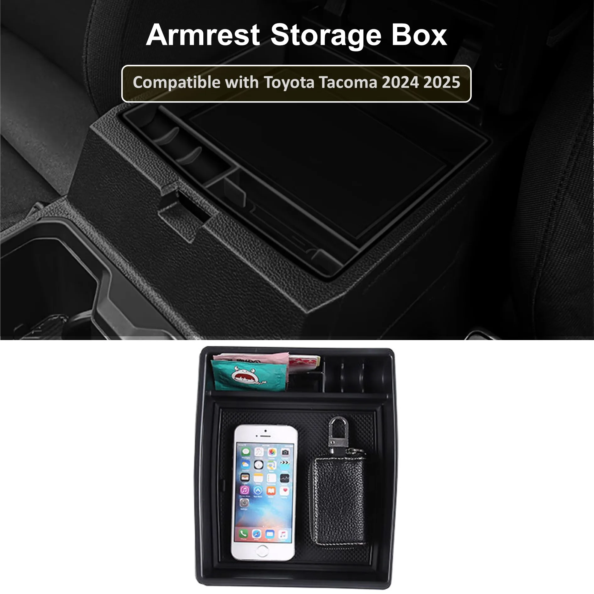 Car Center Console Organizer Armrest Box Secondary Storage Compatible with Toyota Tacoma 2024 Insert ABS Black Materials Tray