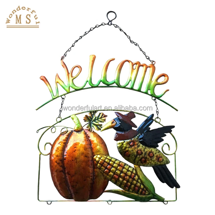 Fall Home Decor Metal Pumpkin Welcome Sign with Maple Leaf Sunflower Front Door Outdoor Fall Decor Hanging Sign for Door