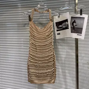 AELESEEN Spring Summer Mini Sheath Dress Women Sleeveless Halter Luxury Beading Pearls Sexy Backless Slim Party Casual