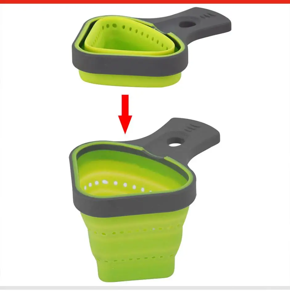 Durable Silicone Pot Strainer Heat Resistance Kitchen Gizmo Pasta Strainer Collapsible Triangular Strainer Basket With Handle