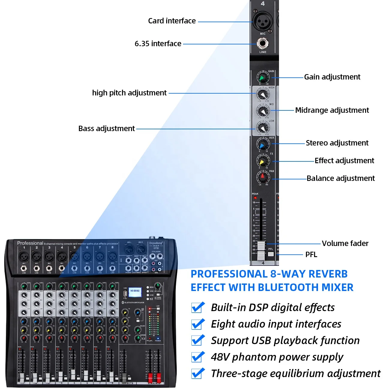 Depusheng DT8 8チャンネルDJ USBデジタル音声ミキサー