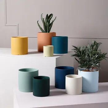 Nordic Outdoor Pot Colorful Ceramic Flowerpot Succulent Planter Green Plant Pots Cylindrical Shape Flower Pot With Tray