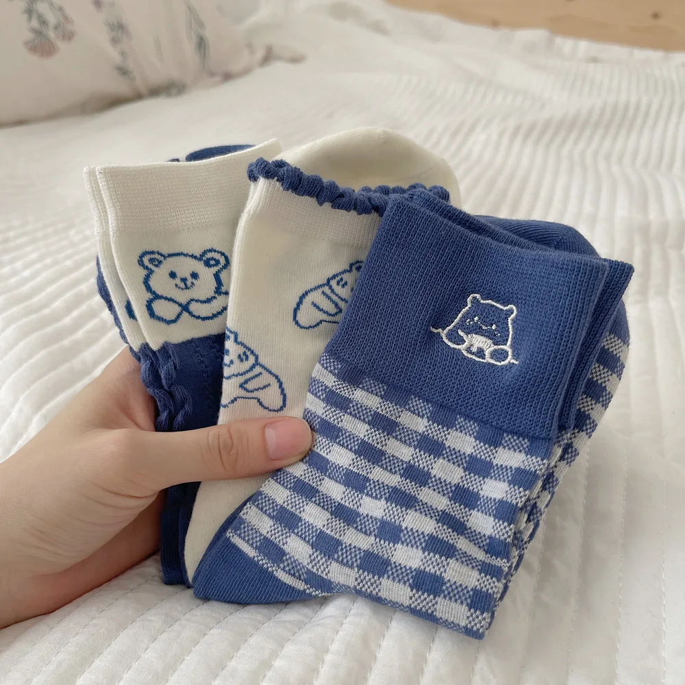 Korean Cartoon Cute Bear Socks Striped Lace Cotton Socks For Women ...
