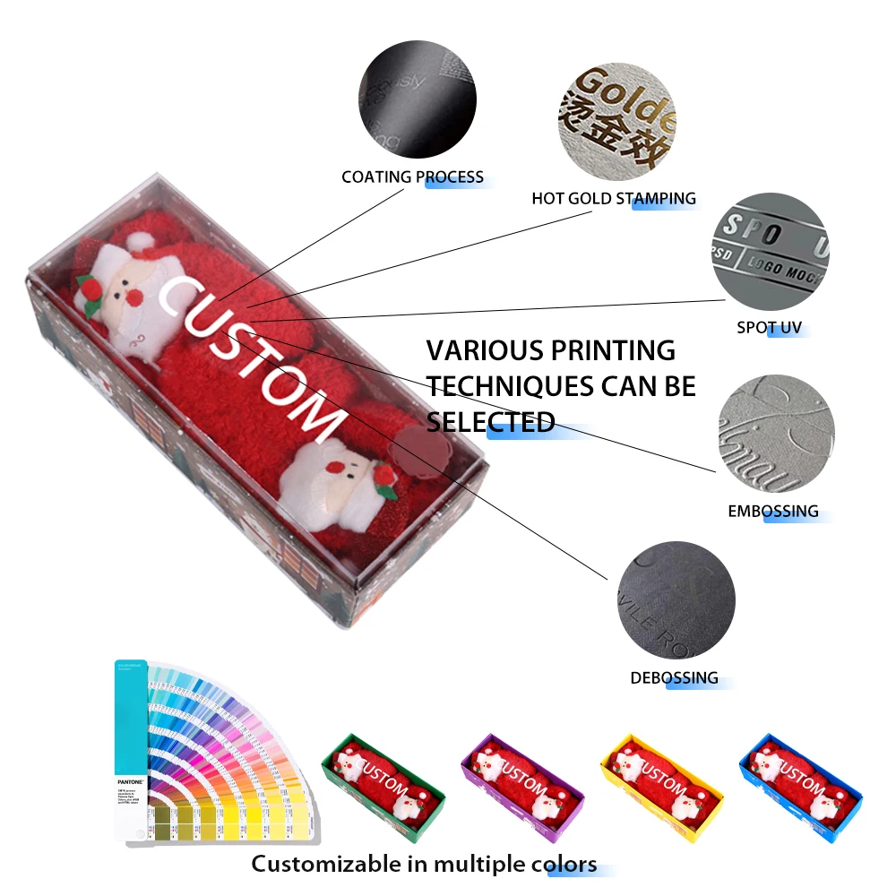 Scatola personalizzata per il confezionamento di calze con copertina trasparente e logo unico, in cartone 'Cielo e Terra'