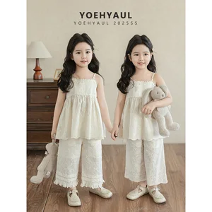 YOEHYAUL X5111 Summer Girls Clothing Sets Jacquard Sleeveless Spaghetti Strap Top Pants Set Cotton  Wide Leg Pants Set for Kids
