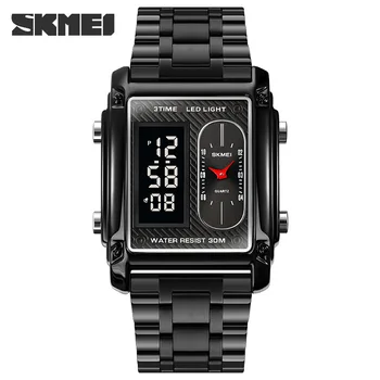 SKMEI 1868 new design silver gents clock original Stainless steel band Luminous double display vintage Casual reloj watch