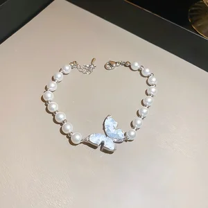 Elegant Butterfly Bracelet with Simulated Pearls Crystal Inlays Fashionable Silver Tone Charm Bracelet Women's Delicate Jewelry