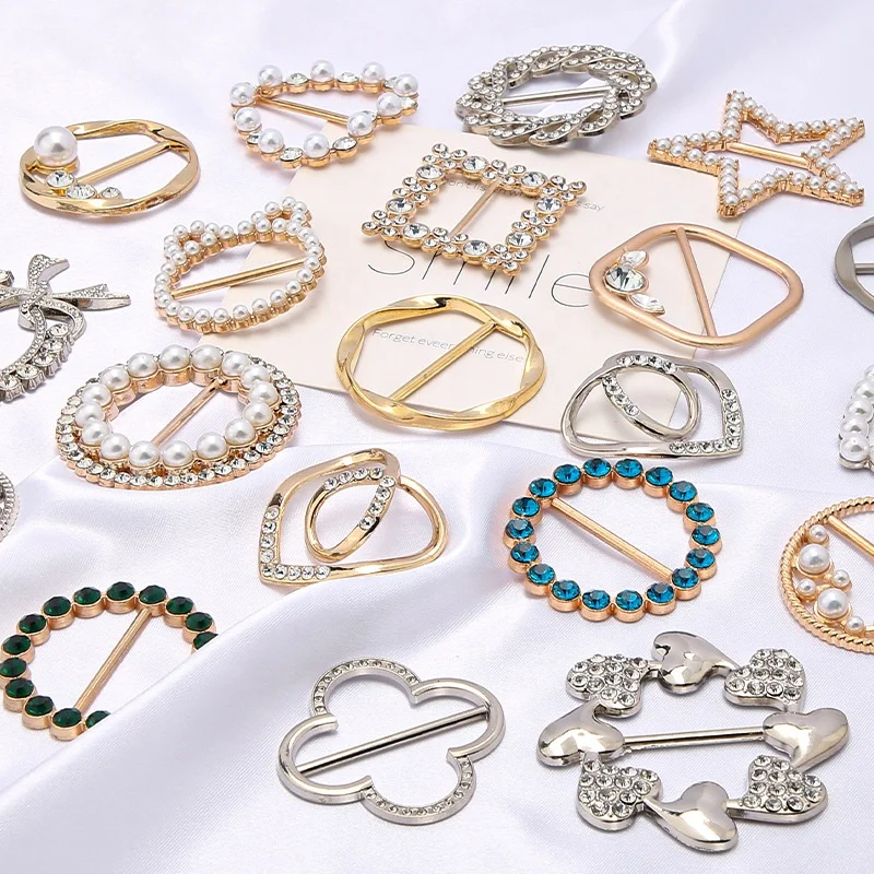 Fancy Design Apparel Metal Trims Rhinestone Buckle Pearl Silk Scarf Jewelry Accessories Gold Rose Gold Scarf Clips Ring