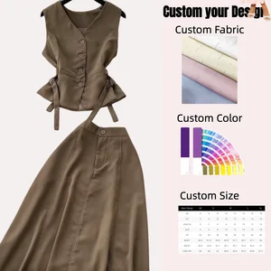 Customizable Women's Casual Two-Piece Set Front Button Maxi Dress & Waistcoat Vintage Decoration Formal Blazer Front Short Tops