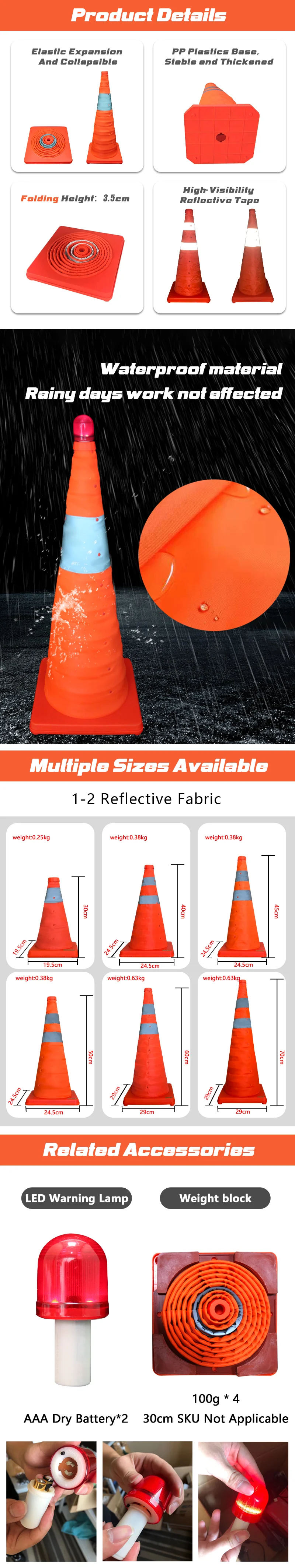 Customizable Telescopic Traffic Cones 28 Inch Led Flashing Light Road