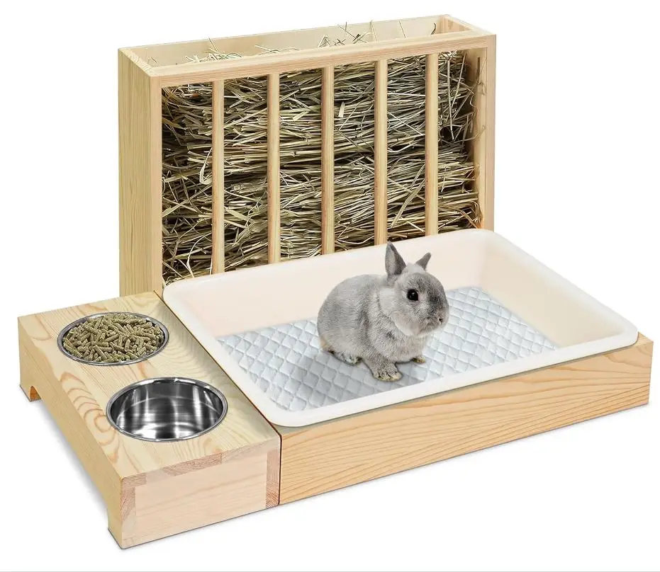 3 in 1 Rabbit Hay Feeder with Litter Box Wooden Bunny Hay Feeder Guinea Pig Holder Small Animal Hay Rack Chinchillas Hamster