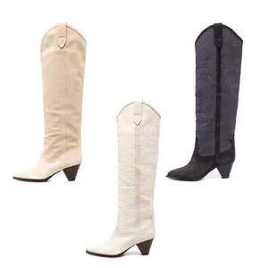 2021 Autumn Winter Genuine Leather Knee-High Pointed Toe Med Heel Breathable ZIP Closure Plus Size Cross-Border Casual