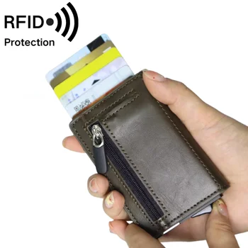 Credit Card Holder RFID Blocking Leather Automatic Pop Up Wallet Aluminum Slim Pocket Bifold Business Card Case