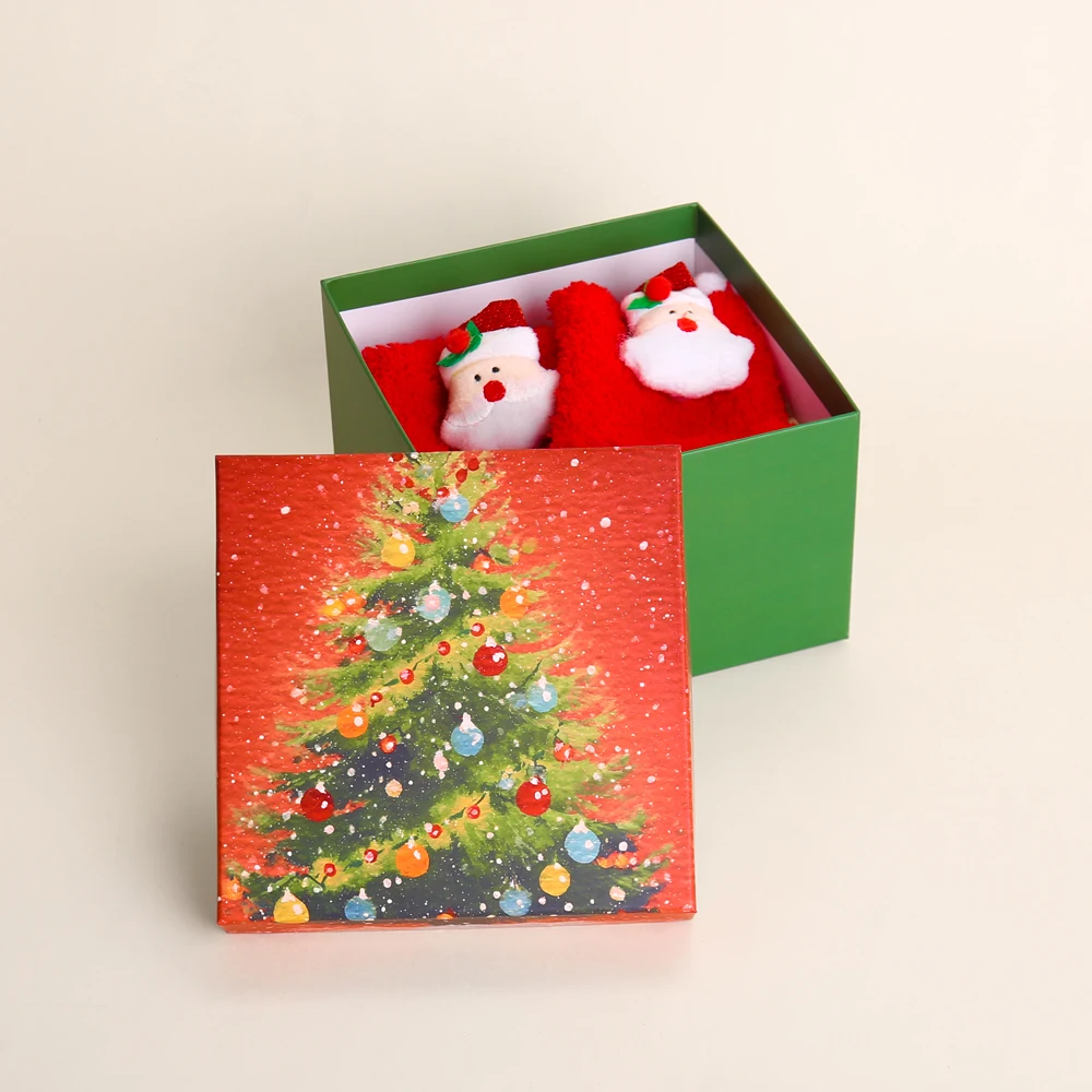 Manufacturer Custom Christmas Socks Packaging Rigid Grey Board Paper Gift Square Box for Christmas