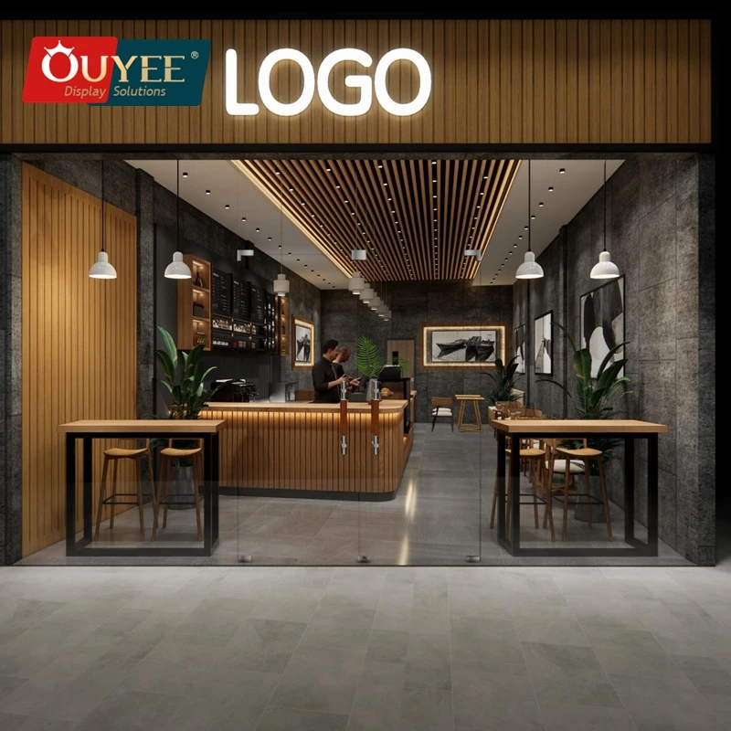 Ouyee Modern Coffee Shop Counter Design Furniture Bubble Tea Store Interior Decoration Cafe Bar Coffee Shop Counter
