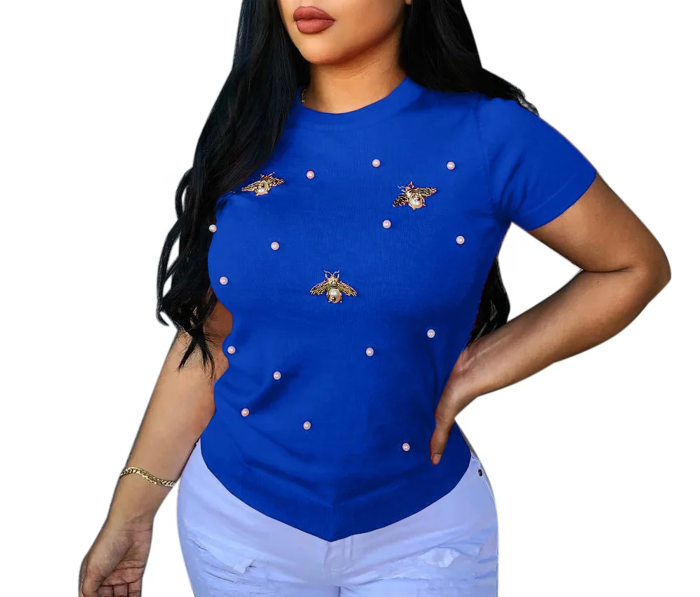 Новинка 2022, модные повседневные топы, женская летняя футболка с коротким рукавом и бусинами, женская простая однотонная дизайнерская футболка