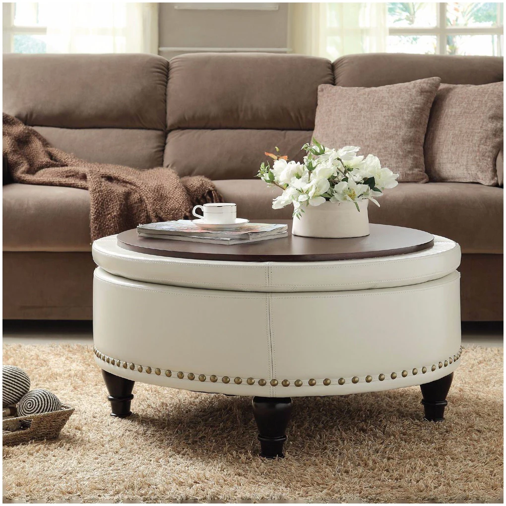 Over Sized Fabric Storage Pouf Cream Round Footstool Ottoman Upholstered Coffee Table Buy Fabric Ottoman