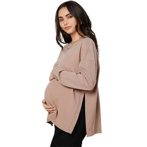 New Design Spring Pregnant Women Clothing Slit Hem Crew Neck Long Sleeve Pullover Maternity Sweatshirt Tops
